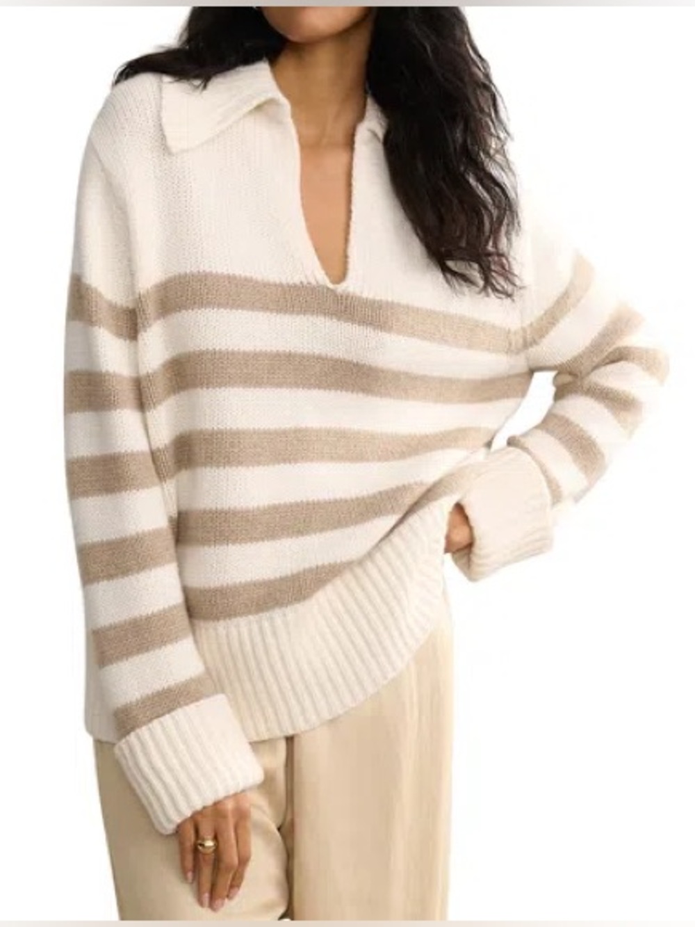 NWT Jenni Kayne Phoebe Cashmere Polo Sweater Ivory Tan Taupe Stripe Size XL